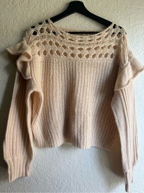 LUSH Clothing Cream Crochet Open Knit Ruffle Shoulder Sweater - Size L